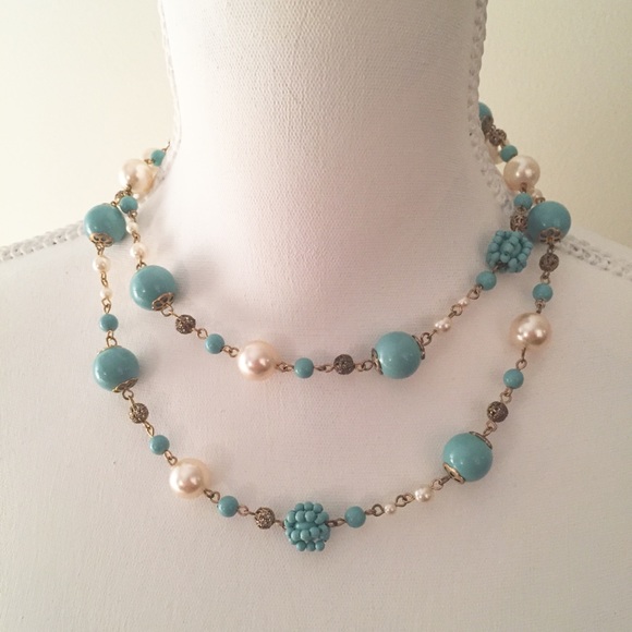 Jewelry 2 Pc Beaded Necklace Earring Aqua Pearl Gold Poshmark